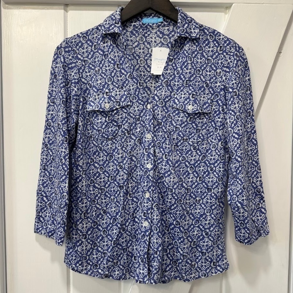 J. McLaughlin Womens Shirt Size XS Brynn Top Navy Blue White Hannover Linen NEW